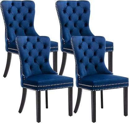 Eifizek Velvet Dining Chairs Set of 4, Upholstered Dining Room Chairs with Nailhead Ring Pull Trim, Button Tufted Wing Back Chairs for Dining with Solid Wood Legs for Kitchen Dining Room(Blue)