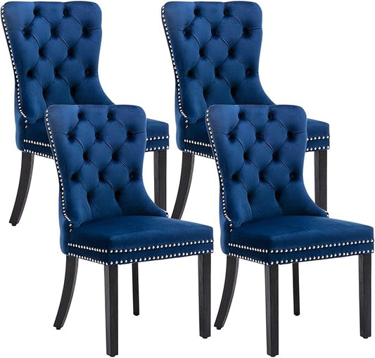 Eifizek Velvet Dining Chairs Set of 4, Upholstered Dining Room Chairs with Nailhead Ring Pull Trim, Button Tufted Wing Back Chairs for Dining with Solid Wood Legs for Kitchen Dining Room(Blue)