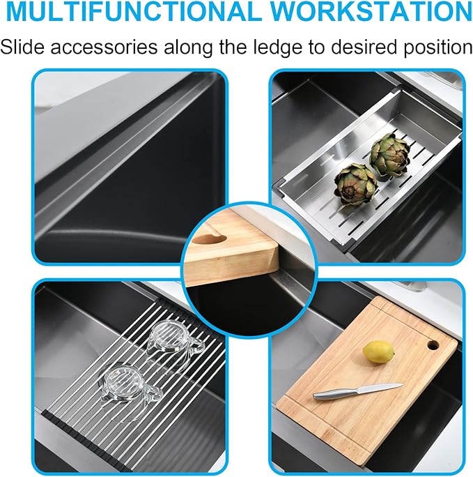 Loftus 33 Inch Matte Black Apron Front Workstation Sink - Stainless Steel 16 Gauge Single Bowl Farm Sink, Gunmetal Black