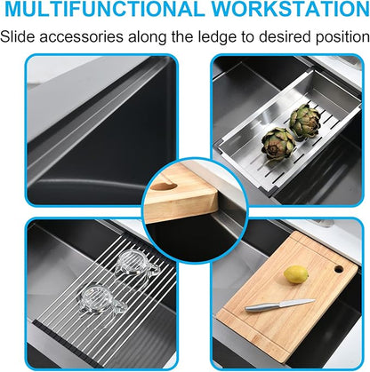 Loftus 33 Inch Matte Black Apron Front Workstation Sink - Stainless Steel 16 Gauge Single Bowl Farm Sink, Gunmetal Black