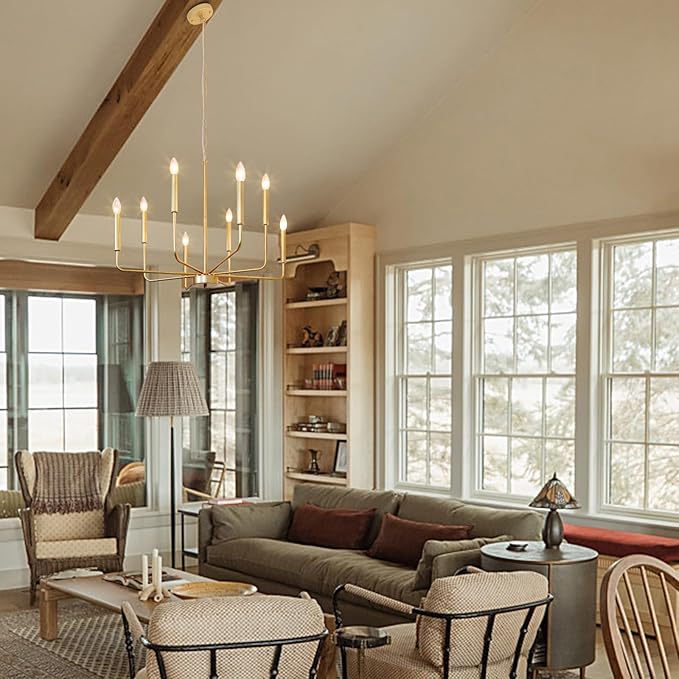 Gold Chandelier: 8-Light 29.5 Inch Candle Style Chandelier with Candelabra Arms - Modern Farmhouse Dining Room Light Fixture for Foyer Kitchen Island - E12 Base