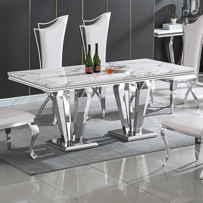 Modern Dining Table for 6-8, 68 Inch White Marble Kitchen Table with Silver Mirrored Dimaond Design Legs, Luxurious Rectangular Faux Marble Dining Room Table for Dining Room,Living Room