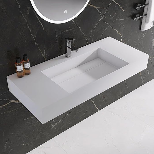42" x 18" Wall Mount Sink, Stone Resin Rectangular Bathroom Sink, Modern Floating Vessel Sinks for Vanity, Art Basin Trough, Durable and Stylish Bathroom Sinks for Modern Homes, White