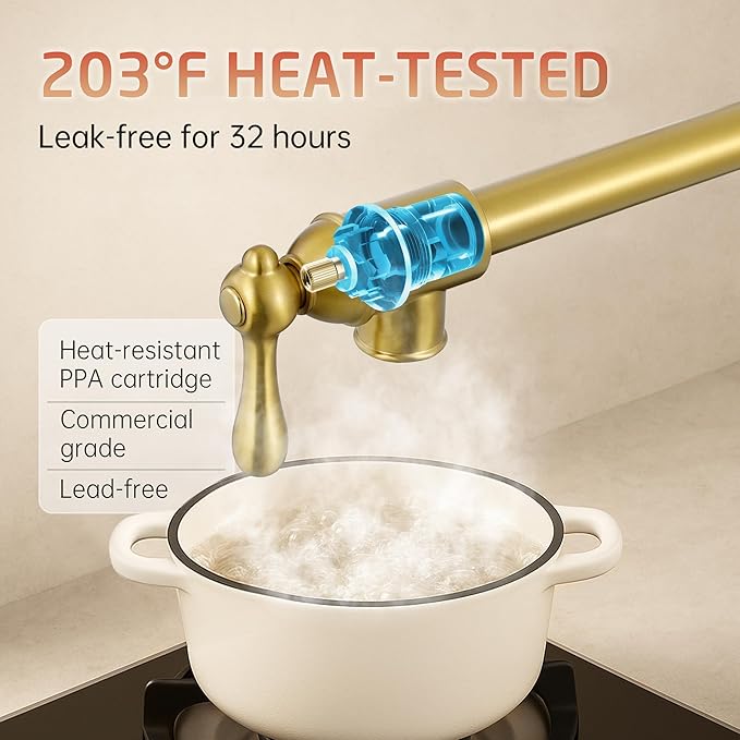 KES Upside Down Pot Filler Faucet with Heat-Resistant Cartridge, 26'' No Lead Vintage Pot Filler Faucet with Double Joint Swing Arm, Wall Mount, 18/8 Stainless Steel, Brushed Gold, KN928S24LF-BZ