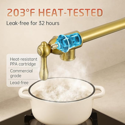 KES Upside Down Pot Filler Faucet with Heat-Resistant Cartridge, 26'' No Lead Vintage Pot Filler Faucet with Double Joint Swing Arm, Wall Mount, 18/8 Stainless Steel, Brushed Gold, KN928S24LF-BZ
