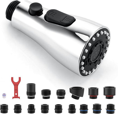 J-HVA Pull Down Kitchen Faucet Sprayer Head Replacement Part, 3 Function kitchen Sink Faucet Replacement Nozzle, Kitchen Faucet Head Hose Spray Tap Spout, Chrome (15 Connectors)