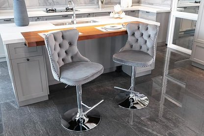 Rhomtree Velvet Swivel Bar Stools Upholstered Bar Stool with Button Tufted Back and Pull Ring Height Adjustable Barstools 25-33 Inch for Home Pub and Kitchen Island (Gray with Silver Base, Set of 6)