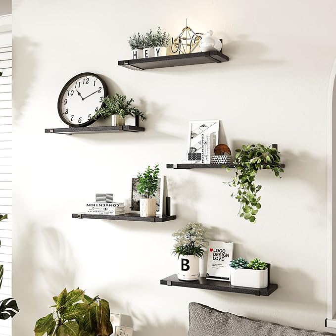 Fixwal Wall Shelves, Width 4.7 Inches Black Floating Shelves for Wall, Rustic Wood Wall Storage Shelves for Bedroom, Living Room, Kitchen, Bathroom, Home Decor (Set of 5 Black)