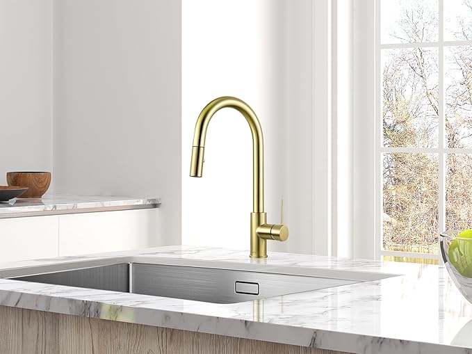 AguaStella AS60CB Brushed Gold Softly Kitchen Sink Faucet with Pull Down Sprayer Single Handle
