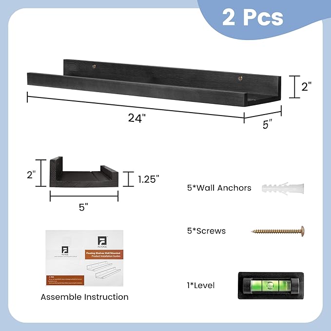 FLYJOE Picture Ledge Shelf for Wall, 24 inch Solid Ash Wood Nursery Book Shelves 2 Packs, Floating Shelves for Kids' Room Bedroom Bathroom Living Room Photo Frames Office Nursey Wall Decor, Black