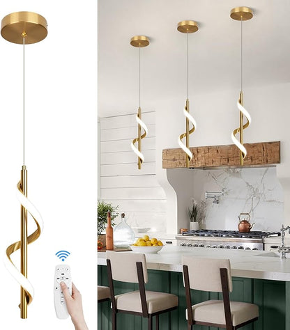 CANEOE Gold Modern Led Pendant Light,3000K-6000K Dimmbale Spiral Led Pendant Lamp, Adjustable Height Hanging Pendant Light Fixture for Dining Room Bedroom Kitchen Sink, 1 Pack