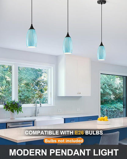 ANYLOVE Vintage Art Blue-Gold Pendant Lighting,3-Pack Hand Glass Hanging Light Fixture,Adjustable Cord for Kitchen,Hallway,Dining Room