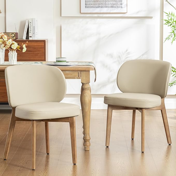 YOUNIKE Dining Chair with High Back Set of 8 Mid Century Modern Kitchen Chair Faux Leather Upholstered Armless Chair 20" Wide Padded Seat with Wooden Legs for Kitchen Dining Living Room Bedroom Khaki