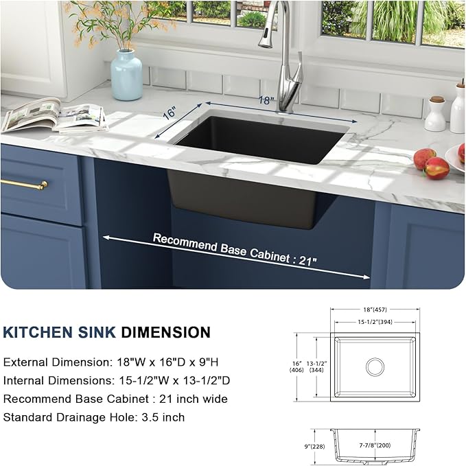 Lordear 18 Inch Black Undermount Bar Sink Granite Composite Quartz Single Bowl RV Camper Outdoor Under Counter Kitchen Sinks Basin