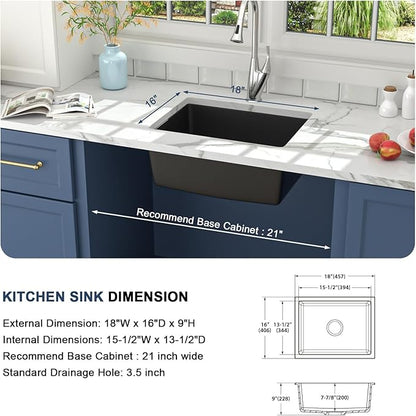 Lordear 18 Inch Black Undermount Bar Sink Granite Composite Quartz Single Bowl RV Camper Outdoor Under Counter Kitchen Sinks Basin
