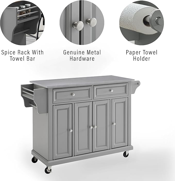 Crosley Furniture Full Size Stainless Steel Rolling Kitchen Island Storage Cart, Microwave Stand, Spice Rack, Gray