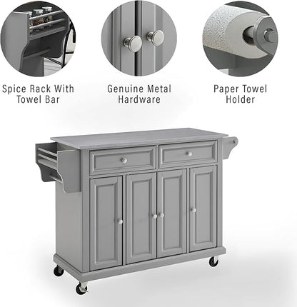 Crosley Furniture Full Size Stainless Steel Rolling Kitchen Island Storage Cart, Microwave Stand, Spice Rack, Gray