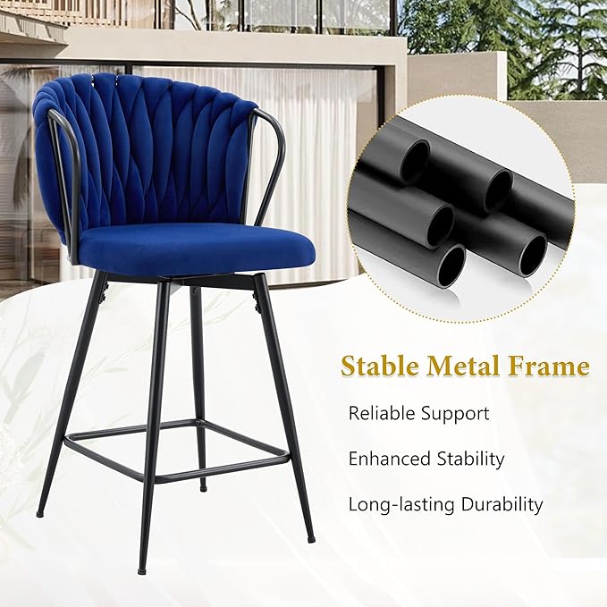 Velvet Upholstered Bar Stools Set of 2,Counter Height Bar Stools Set of 2, Modern Barstools for Kitchen Island, Cafe, Pub