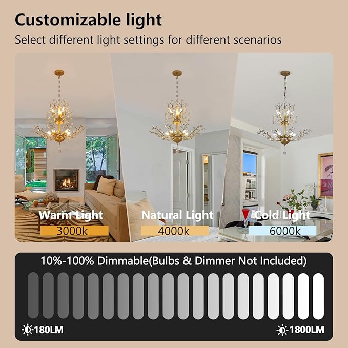 Gold Crystal Chandelier, Farmhouse 8-Light Large Branch Pendant Light with Adjustable Chain, 2-Tier Vintage Flower Ceiling Hanging Chandelier for Dining Room, Living Room, Kitchen, Hallway