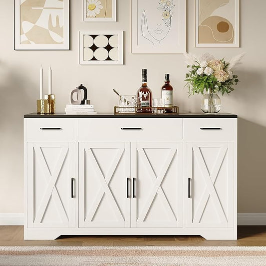 Garvee 55 in Large Buffet Sideboard Cabinet with Storage 4 Doors and 3 Drawers Kitchen Storage Cabinet Coffee Bar Buffet Table for Dining Room, Living Room, Adjustable Shelf