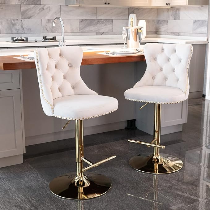 Rhomtree Velvet Swivel Bar Stools Upholstered Bar Stool with Button Tufted Back and Pull Ring Height Adjustable Barstools 25-33 Inch for Home Pub and Kitchen Island (Beige with Gold Base, Set of 2)