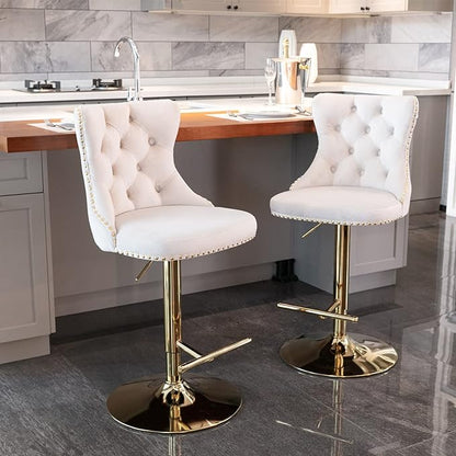 Rhomtree Velvet Swivel Bar Stools Upholstered Bar Stool with Button Tufted Back and Pull Ring Height Adjustable Barstools 25-33 Inch for Home Pub and Kitchen Island (Beige with Gold Base, Set of 2)