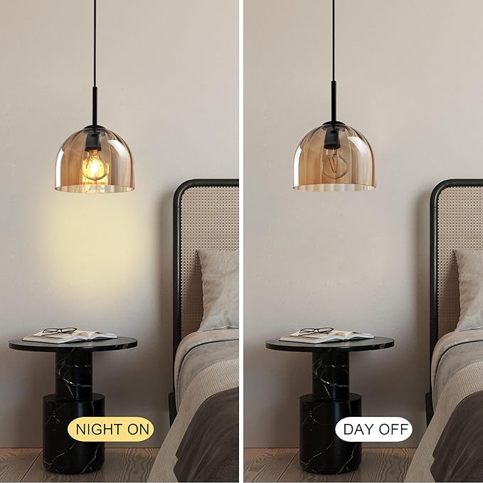 Modern Amber Glass Pendant Lights, Nordic Boho Dome Chandelier, 7.86" Bell Lamp Shape Hanging Ceiling Lighting Fixtures Kitchen Island Dining Room Table, Vintage Lampshade