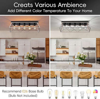 31.5" Large Flush Mount Ceiling Light Fixture, X-Shaped Metal Cage Design, Dimmable 5-Light Close to Ceiling, Farmhouse & Vintage Industrial Style, for Dining Room, Kitchen Island, Living Room