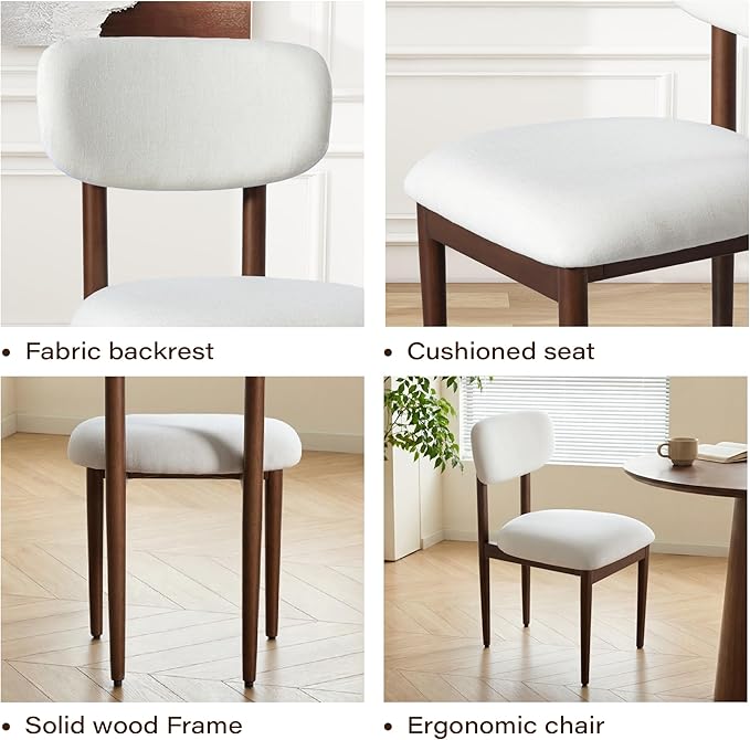 Casaphoria Upholstered Dining Chairs Set of 2, Mid-Century Modern Kitchen Chairs with Solid Wood Legs & Thick Cushion, Ergonomic Fabric Accent Chairs for Dining Room, Vanity & Office, White/Walnut