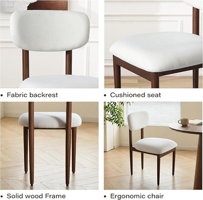 Casaphoria Upholstered Dining Chairs Set of 2, Mid-Century Modern Kitchen Chairs with Solid Wood Legs & Thick Cushion, Ergonomic Fabric Accent Chairs for Dining Room, Vanity & Office, White/Walnut