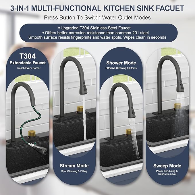 33 Inch Drop-In Kitchen Sink - Beslend 33x22 Black Granite Composite Drop In Workstation Sink Topmount Sinks with Integrated Waterfall Faucet & Glass Rinser - Non-Splash, Easy Clean