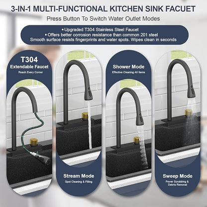 33 Inch Drop-In Kitchen Sink - Beslend 33x22 Black Granite Composite Drop In Workstation Sink Topmount Sinks with Integrated Waterfall Faucet & Glass Rinser - Non-Splash, Easy Clean