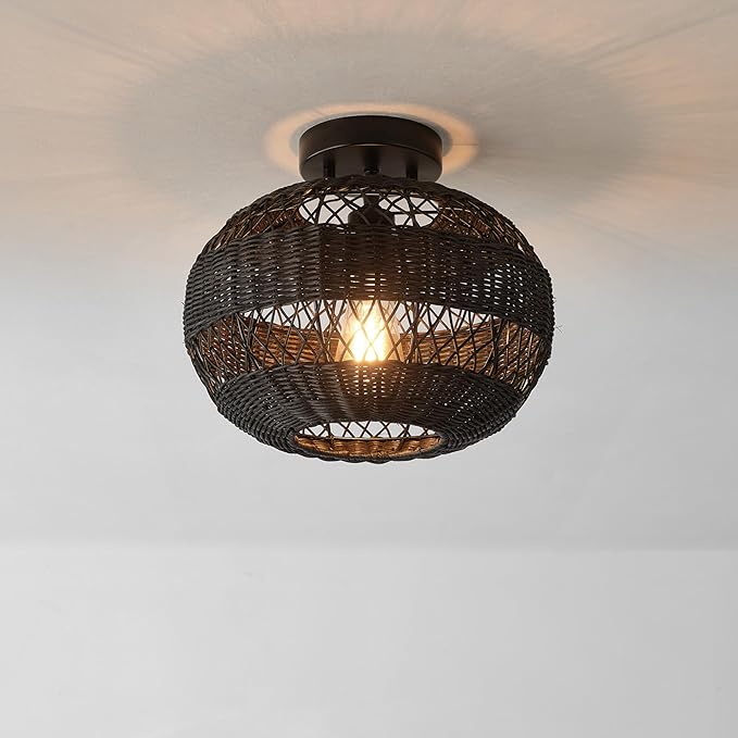 GLOBE Electric 66000071 1-Light Semi-Flush Mount Ceiling Light, Matte Black, Rattan Shade, Bedroom Lighting Fixtures Ceiling, Dining Room Fixture, Timeless Lighting for Hallway or Dining Room