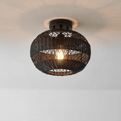 GLOBE Electric 66000071 1-Light Semi-Flush Mount Ceiling Light, Matte Black, Rattan Shade, Bedroom Lighting Fixtures Ceiling, Dining Room Fixture, Timeless Lighting for Hallway or Dining Room