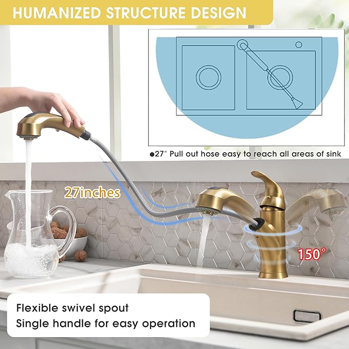 Gold Kitchen Faucet with Sprayer - Matte Brushed Gold Kitchen Sink Faucets with Pull Out Sprayer, Single Handle 1 Hole Faucet Solid Brass Commercial RV Faucets 2 Modes 150°Rotation No Lead