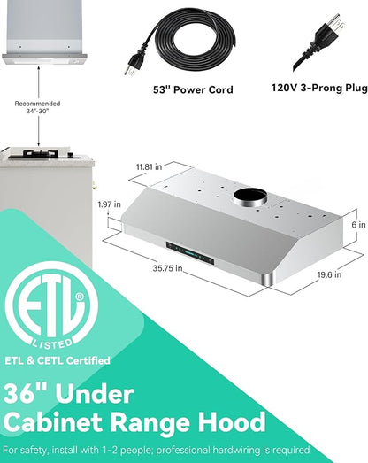 36 inch Stainless Steel Under Cabinet Range Hood - 900 CFM, Gesture Control, Ultra-Quiet 4-Speed Vent, LED Lights, External Venting