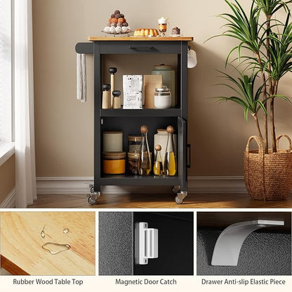 Qsun Kitchen Island on Wheels with Drawer, Storage Cabinet, Shelf and Side Hook, Rolling Kitchen Cart with Rubber Wood Countertop, Microwave Cart for Small Space, Black