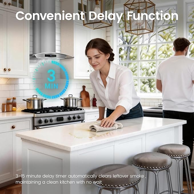 36 inch Wall Mount Range Hood, 1200 CFM Stainless Steel & Tempered Glass Vent Hood with 8-Speed Gesture Sensing and Touch Control, Dishwasher-Safe Baffle Filters, Delay Shutoff Timer