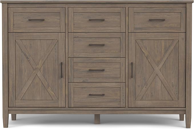SIMPLIHOME Ela Buffet - 54 inch Wide Solid Wood 3-Door Sideboard Buffet in Smoky Brown, Transitional Storage Cabinet for Dining Room or Kitchen with Adjustable Shelves and Brushed Metal Hardware
