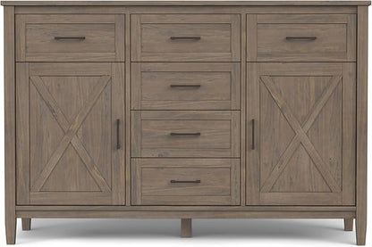 SIMPLIHOME Ela Buffet - 54 inch Wide Solid Wood 3-Door Sideboard Buffet in Smoky Brown, Transitional Storage Cabinet for Dining Room or Kitchen with Adjustable Shelves and Brushed Metal Hardware