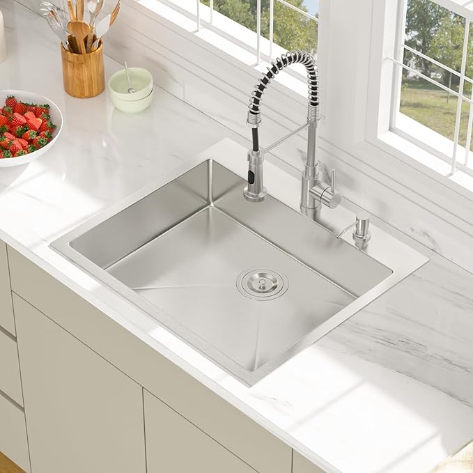 25 Inch Drop In Kitchen Sink - Beslend ADA 6 Inch Depth 25x22 Drop In Sinks Topmount Stainless Steel 16 Gauge Mobility Friendly Sink for Wheelchair Accessible & Accessible Design Kitchen