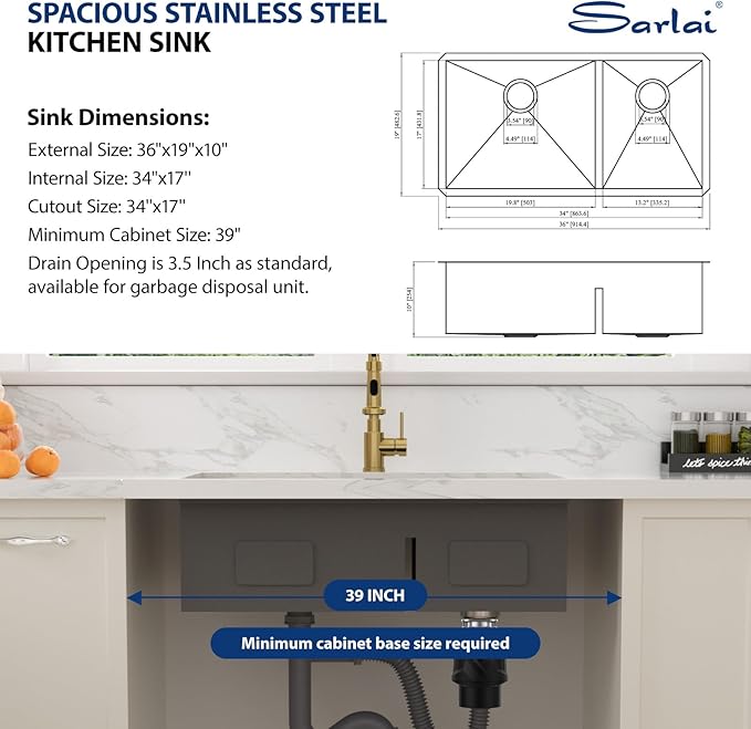 Sarlai 36 Inch Gold Undermount Kitchen Sink Double Bowl Large Workstation Low Divided Gold Stainless Steel Sink 16 Gauge 60/40 Sinks Double Basin