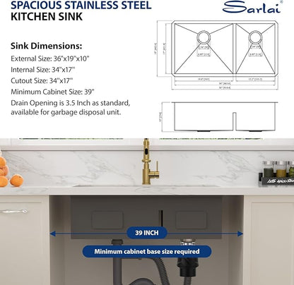 Sarlai 36 Inch Gold Undermount Kitchen Sink Double Bowl Large Workstation Low Divided Gold Stainless Steel Sink 16 Gauge 60/40 Sinks Double Basin