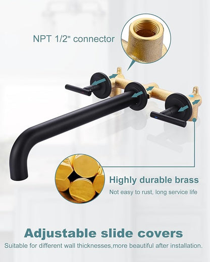 WOWOW Wall Mount Tub Filler: Matte Black Tub Faucet High Flow Two Handles Solid Brass, Long Spout Reach, Bathroom Bathtub Faucets with 2 Handles Tub Faucet with Brass Rough in Valve Included