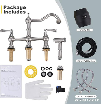 WOWOW 8 inch Centerset Bridge Kitchen Faucet with Brass Side Sprayer 2 Handles 4 Holes Antique Classic Heritage Deck-Mount Kitchen Sink Faucet, Brushed Nickel