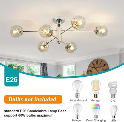 hesoge Modern Sputnik Ceiling Lights 6 Light Semi Flush Mount Ceiling Fixture with Glass Globes Chrome Chandelier for Dining Room Bedroom Living Room Kitchen Farmhouse.
