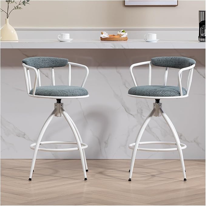 26'' Swivel Counter Height Bar Stool, Set of 2- Fabric Seat with Water Transfer Printed Metal Frame, Modern Industrial Design Bar Chairs for Kitchen Island, Dining Room,for Living Room