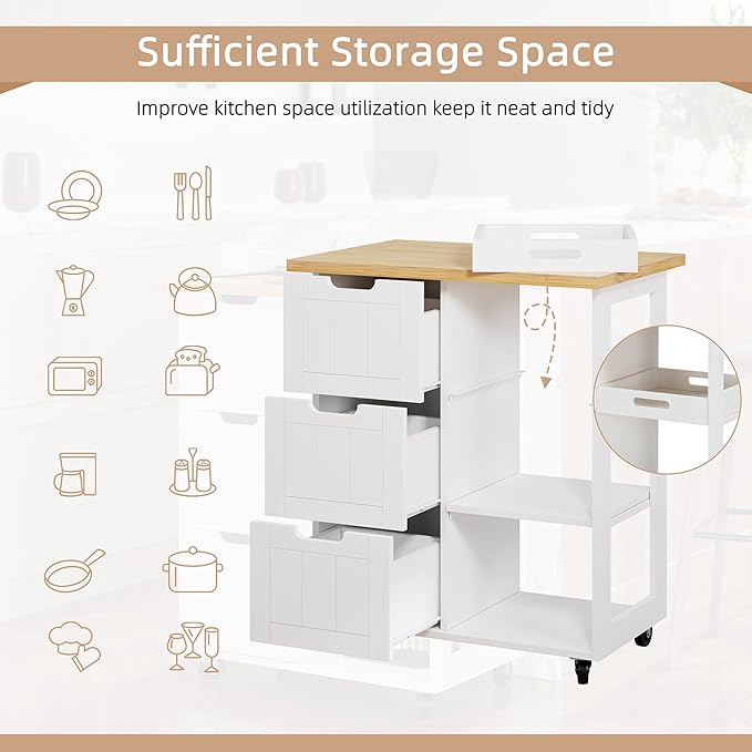 Shintenchi Kitchen Island Cart with Storage,Rolling Kitchen Island Storage Cabinet,Side Table on Wheels with Worktop,3 Open Shelves and 3 Drawers for Kitchen,Dinning Room, White