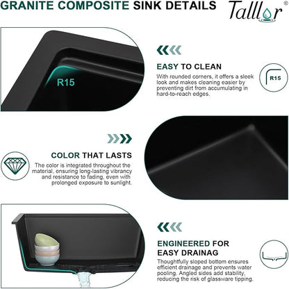 33 Inch Granite Composite Kitchen Sink - Matte Black Drop In Granite Kitchen Sink, Workstation All-In One Classic Quartz Top Mount Single Bowl Sinks for Modern Kitchen, 33"x22" #TLGT-123