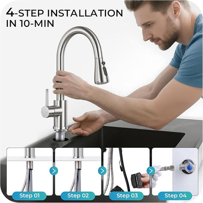 Kitchen Faucet with Pull Down Sprayer - Brushed Nickel Single Handle Kitchen Faucets, High Arc Stainless Steel Pull Out Kitchen Sink Faucet for RV Laundry Farmhouse Bar